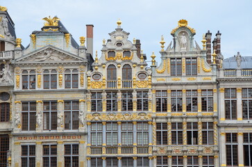Ornate historical buildings with gold accents in the Grand Place, Brussels, Belgium
