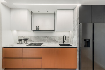 Scandinavian Style Cozy Modern Open Bright Kitchen Home Interior. Faucet, Fridge and Furniture in Background.