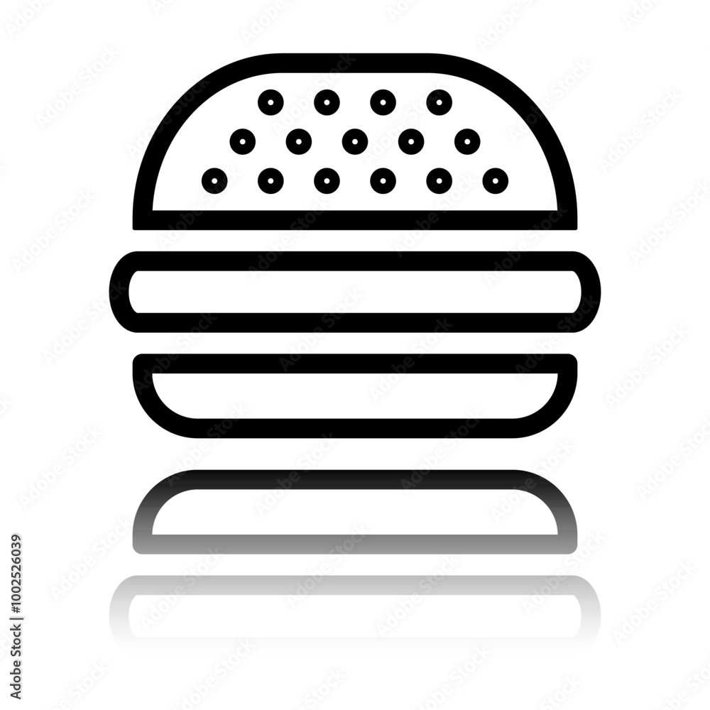 Poster burger simple icon, vector. flat design. black icon with mirror reflection. white background