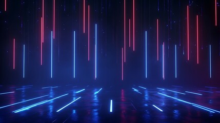Vibrant neon lights in blue and red illuminating a dark background, creating a futuristic atmosphere.