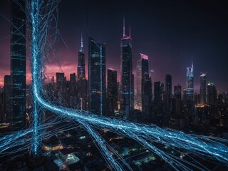 Fototapeta premium Futuristic cityscape with towering skyscrapers and glowing neon lights, set against dark night sky with swirling energy field or data stream in foreground