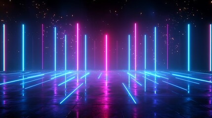 Vibrant neon lights with a reflective floor, creating an electrifying atmosphere for creative projects.
