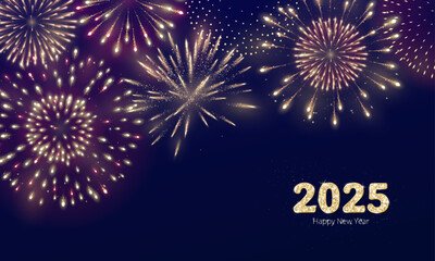 Happy New Year background. 2025 golden glitter numbers. Night sky with shiny fireworks explosion. Holiday decoration. For calendars, party posters, Christmas season campaigns and social media. Vector.