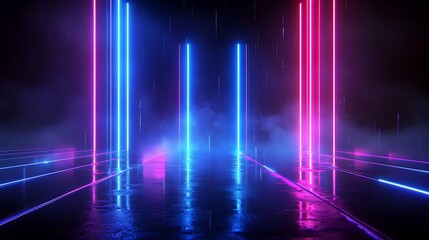 Vibrant neon lights with a reflective surface, creating a futuristic ambiance in a dark setting.