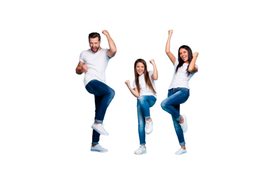 Full body photo of daddy mommy and small lady raising fists air rejoicing wear casual outfit isolated blue background
