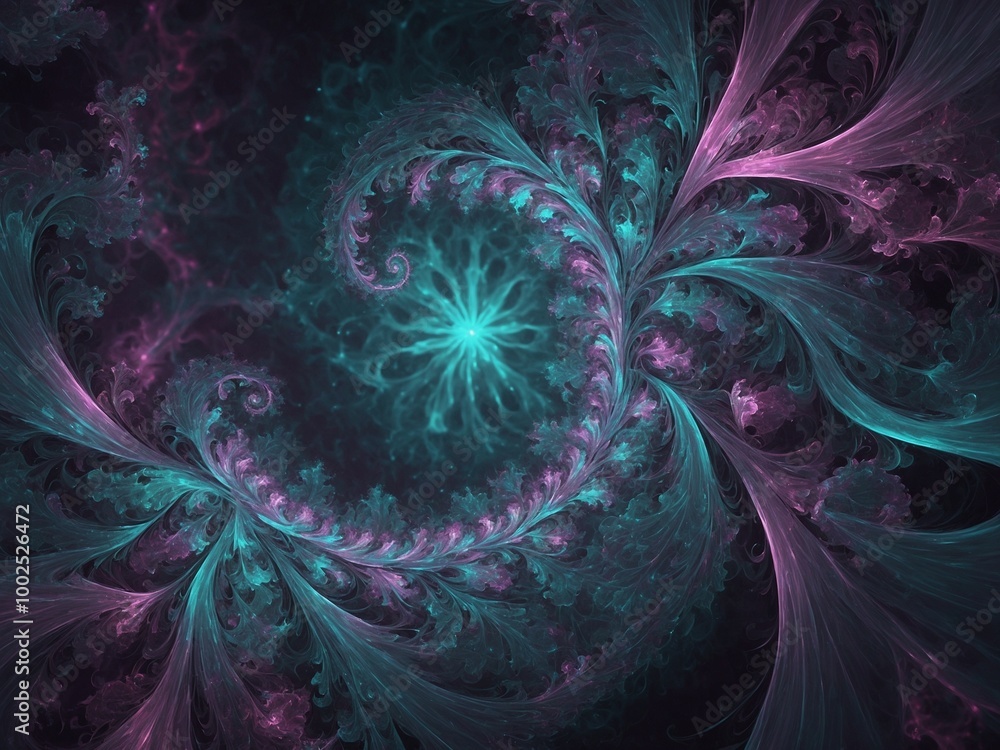 Poster swirling fractal pattern with vibrant teal and purple colors, creating mesmerizing and abstract spir