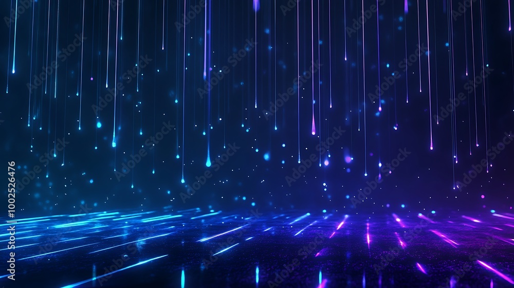 Poster vibrant neon lights with shimmering particles on a dark background, creating a dynamic, abstract lan