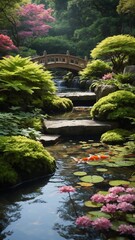 Fototapeta premium Japanese garden with small pond, stone bridge, and lush green foliage including large ferns and moss-covered rocks. Two orange koi fish can be seen swimming in pond
