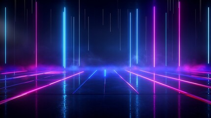 Vibrant neon lights with reflections creating a futuristic atmosphere, ideal for technology or event backgrounds.