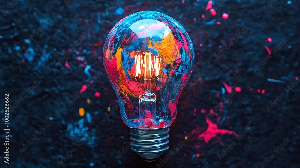 Poster bright and colorful light bulb with a paint splatter design, adding a unique artistic touch to any s