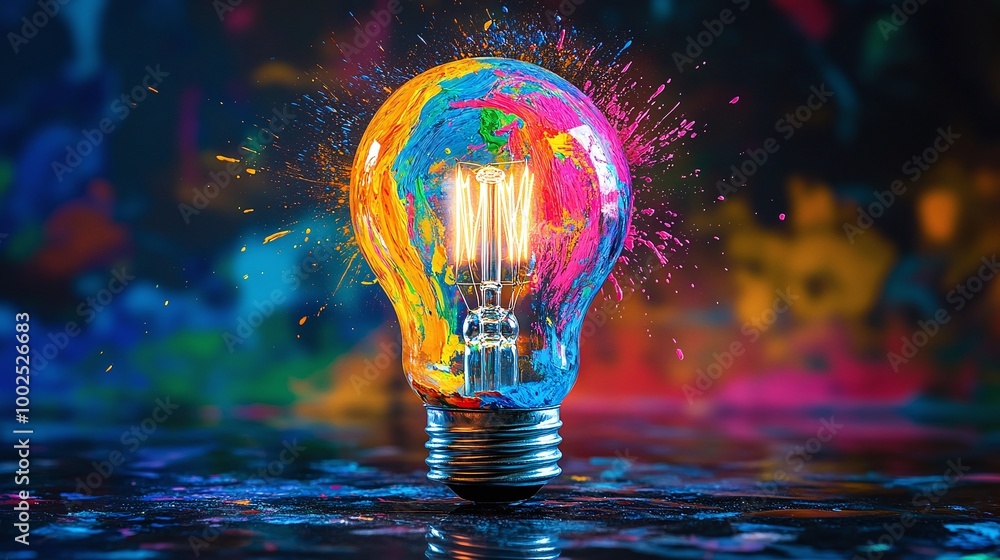 Poster bright and colorful light bulb with a paint splatter design, adding a unique artistic touch to any s
