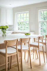 Fototapeta premium rustic kitchen featuring white marble countertops, weathered wooden table, and sleek Nordic bar chairs