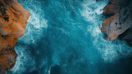 stunning aerial perspective of the ocean and rocks, offering a peaceful view of the coastline and clear blue waters, perfect for showcasing marine and natural landscapes