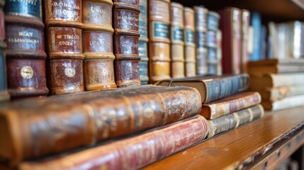 Naklejka premium old hardcover books shelf ancient library wood education wisdom classic data