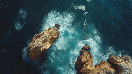 Naklejka premium stunning aerial perspective of the ocean and rocks, offering a peaceful view of the coastline and clear blue waters, perfect for showcasing marine and natural landscapes