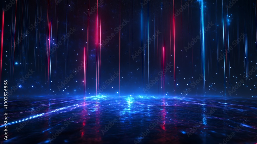 Poster visual effects with vibrant blue and red light streaks on a reflective surface, creating a dynamic d