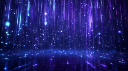 Vibrant purple and blue light beams create a stunning digital backdrop with sparkling particles.