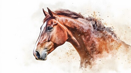 Beautiful brown horse head in the style of watercolor on a white background, close-up portrait