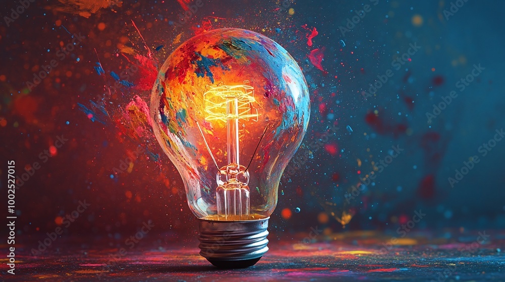 Poster bright and colorful light bulb with a paint splatter design, adding a unique artistic touch to any s