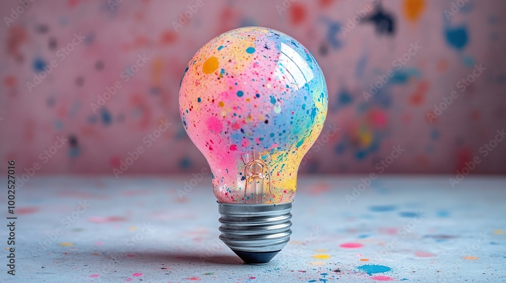 Poster bright and colorful light bulb with a paint splatter design, adding a unique artistic touch to any s