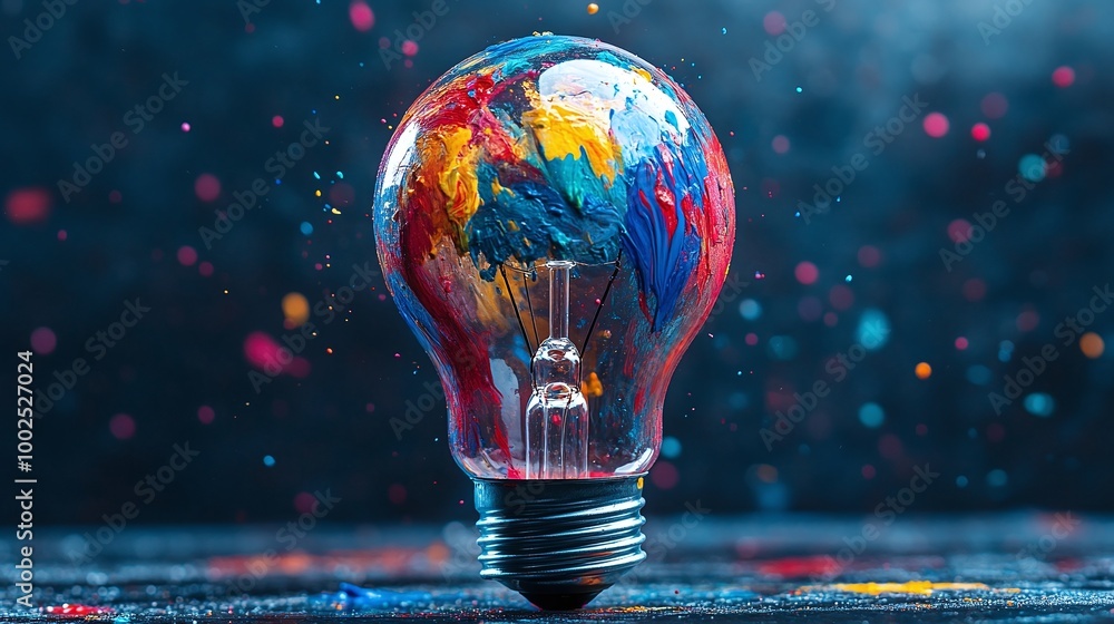 Poster bright and colorful light bulb with a paint splatter design, adding a unique artistic touch to any s