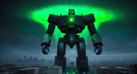 A colossal metallic giant illuminated by a haunting green glow above a cityscape