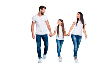 Fototapeta premium Full body photo of daddy mommy and small lady walking down street to zoo wear casual outfit isolated blue background
