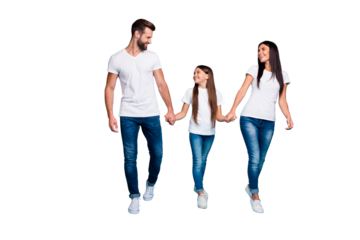 Full body photo of daddy mommy and small lady walking down street to zoo wear casual outfit isolated blue background