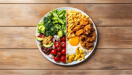 Healthy vs unhealthy diet concept, one half of the plate filled with fresh produce, the other stacked with fried food, wooden table