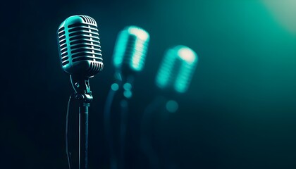 Microphones glowing like light bulbs on a stage, representing the power of ideas and communication, with a deep teal background, artistic and symbolic