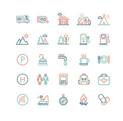 Camping Sign Color Thin Line Icon Set Include of Signpost Parking Area and Service for Recreation. Vector illustration of Hiking Icons