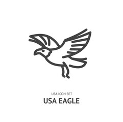 Obraz premium USA Bald Eagle Flying with Spread Wings Black Thin Line Icon American Symbol Concept. Vector illustration