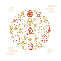 Chinese New Year Round Design Template Thin Line Icon Concept . Vector illustration of Cute Baby Snake