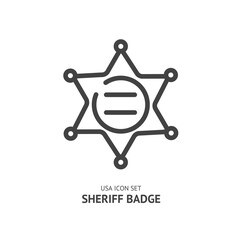 Sheriff Badge Star Shape Black Thin Line Icon American Justice Symbol Concept on a White. Vector illustration