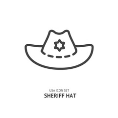 Sheriff Hat Black Thin Line Icon American Symbol Concept. Vector illustration of Wild West Fashion Element