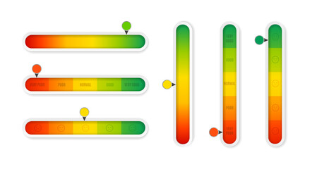 Realistic Detailed 3d Color Vertical and Horizontal Level Indicator Set from Poor to Good for Interface. Vector illustration