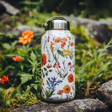 An insulated hydro flask adorned with fresh flowers, blending functionality with nature&rsquo;s beauty.