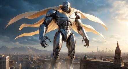 Naklejka premium A grand silver titan cloaked in soft golden light hovering menacingly over a city