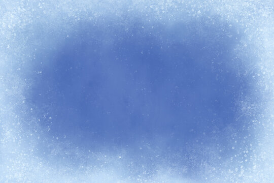 Christmas blue snowy frame background. Blue frosty winter frozen ice frame backdrop
