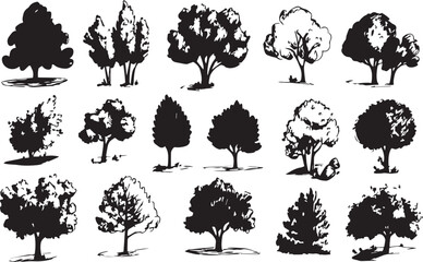 Silhouette tree set. Side view, set of graphic trees elements outline symbol for architecture and landscape design drawing. Hand drawn vector illustration