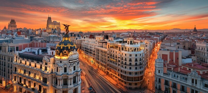 Spanish Sunset, Madrid Cityscape at Golden Hour, Breathtaking City View, European Architecture