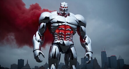 A massive chrome titan engulfed in an ominous red light towering over an urban skyline