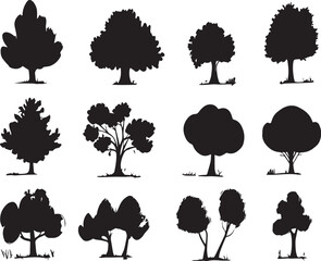 Silhouette tree set. Side view, set of graphic trees elements outline symbol for architecture and landscape design drawing. Hand drawn vector illustration