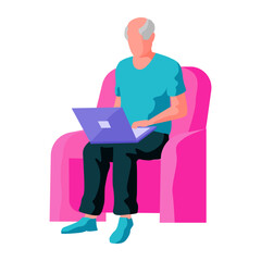 Old people. An elderly man seated in a bright pink chair, focusing on a laptop on his lap. Ideal for themes of aging, technology use, lifelong learning, independent living, and digital literacy