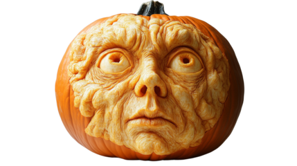 A carved pumpkin shaped like a human face, with intricate details of eyes, nose, and mouth, showcasing a lifelike expression. The pumpkin sits prominently against a plain white background, highlightin