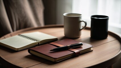  wooden table with a few items arranged on it. In the foreground, there is a closed leather-bound notebook with a pen resting on top