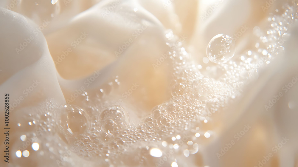 Aufkleber close-up of white foam bubbles on a light surface, creating a soft and airy texture.