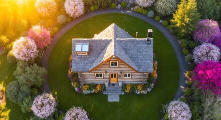 Aerial perspective of a cozy log house surrounded by blooming flowers in vibrant sunlight