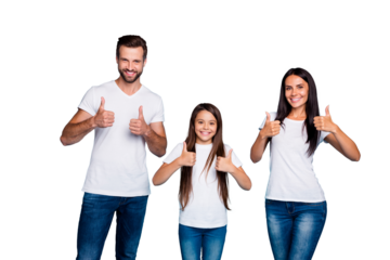 Photo of three family members raising thumbs up advising new product wear casual outfit isolated blue background