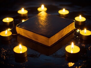 Holy Bible Surrounded by Candles in Circle